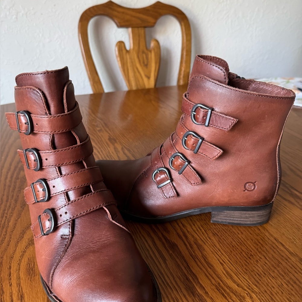 Born Women's Chestnut Leather Buckle Ankle Boots